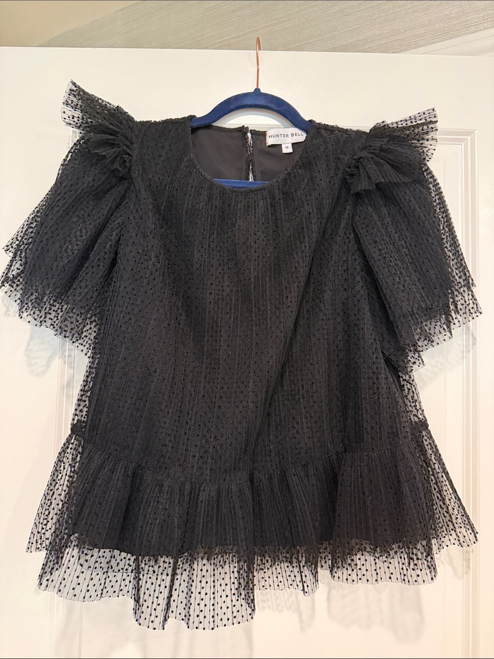 HUNTER BELL Black Dot Tulle Puff Sleeve Blouse